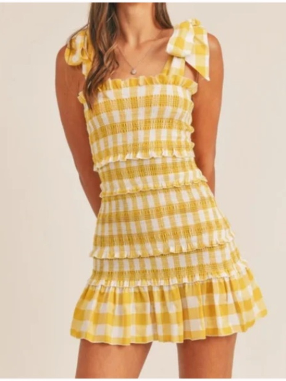 Mable Allison Smocked Yellow Gingham Tie-Shoulder Mini Dress Size Large